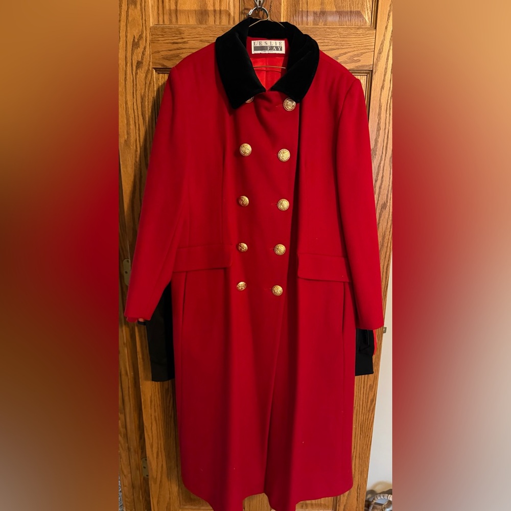 Leslie Fay Vibrant Red Pea Coat with Gold Buttons